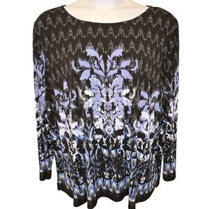 Bob Mackie Wearable Art Womens Black Blue Floral Long Sleeve Tunic Top Est Sz 4X